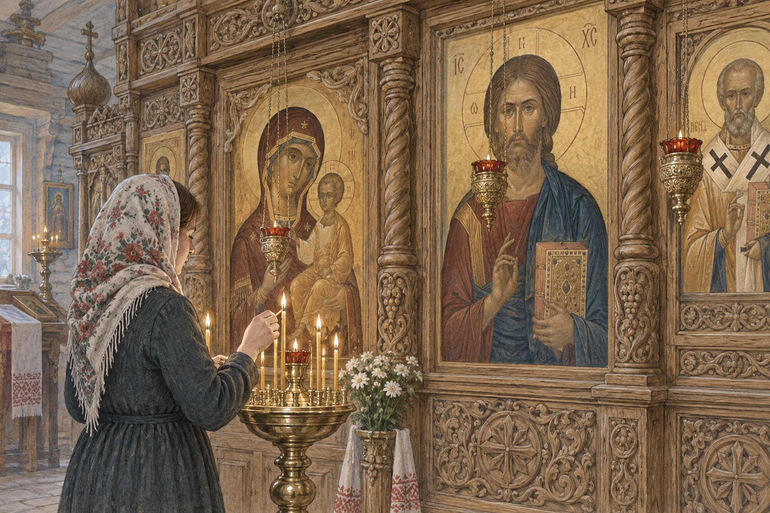 Что такое иконостас: врата, ряды икон и их расположение. Тематическая иллюстрация 1.